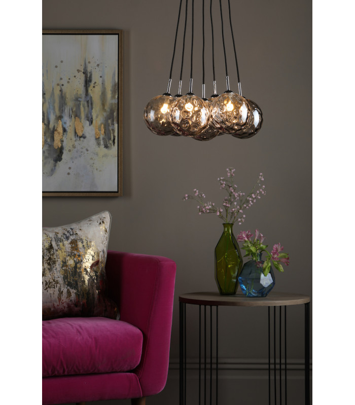 Elpis 7 Light Cluster Pendant Ceiling Light Polished Chrome Smoked Dimpled 150mm Glass-3