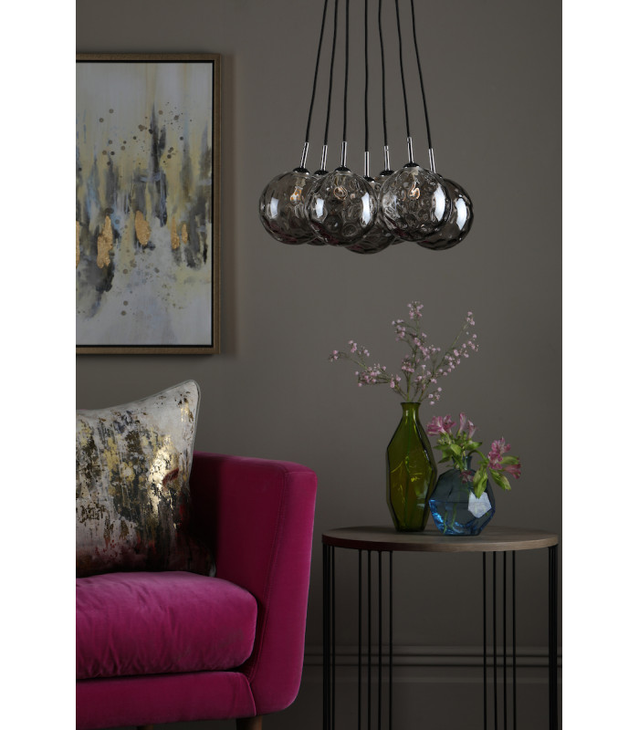 Elpis 7 Light Cluster Pendant Ceiling Light Polished Chrome Smoked Dimpled 150mm Glass-4