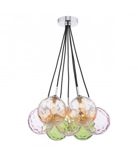 Elpis 7 Light Cluster Pendant Ceiling Light Polished Chrome Mixed Coloured Dimpled 150mm Glass-1