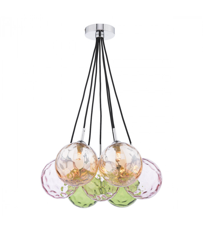 Elpis 7 Light Cluster Pendant Ceiling Light Polished Chrome Mixed Coloured Dimpled 150mm Glass-1