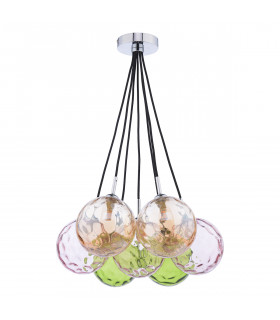 Elpis 7 Light Cluster Pendant Ceiling Light Polished Chrome Mixed Coloured Dimpled 150mm Glass-2