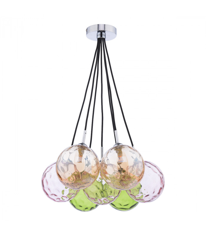 Elpis 7 Light Cluster Pendant Ceiling Light Polished Chrome Mixed Coloured Dimpled 150mm Glass-2