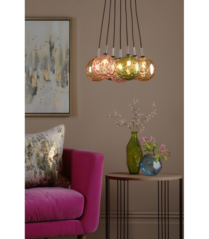 Elpis 7 Light Cluster Pendant Ceiling Light Polished Chrome Mixed Coloured Dimpled 150mm Glass-3