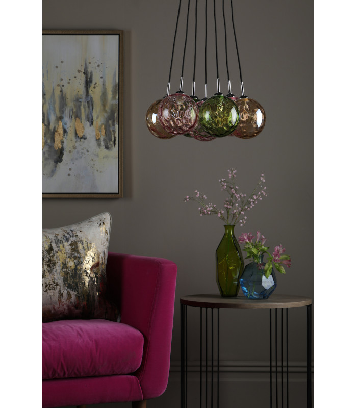 Elpis 7 Light Cluster Pendant Ceiling Light Polished Chrome Mixed Coloured Dimpled 150mm Glass-4