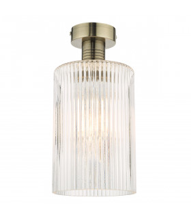 Emerson Semi Flush Ceiling Light Antique Brass Cylinder Ribbed Glass-1
