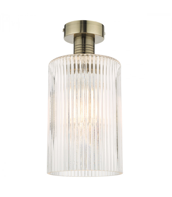 Emerson Semi Flush Ceiling Light Antique Brass Cylinder Ribbed Glass-1