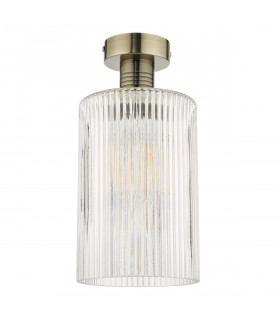Emerson Semi Flush Ceiling Light Antique Brass Cylinder Ribbed Glass-2