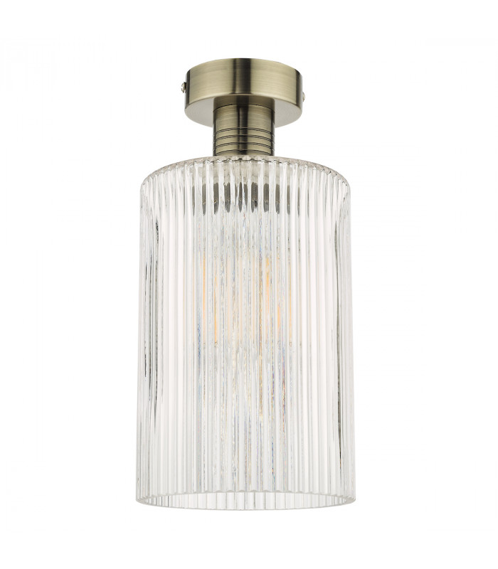 Emerson Semi Flush Ceiling Light Antique Brass Cylinder Ribbed Glass-2