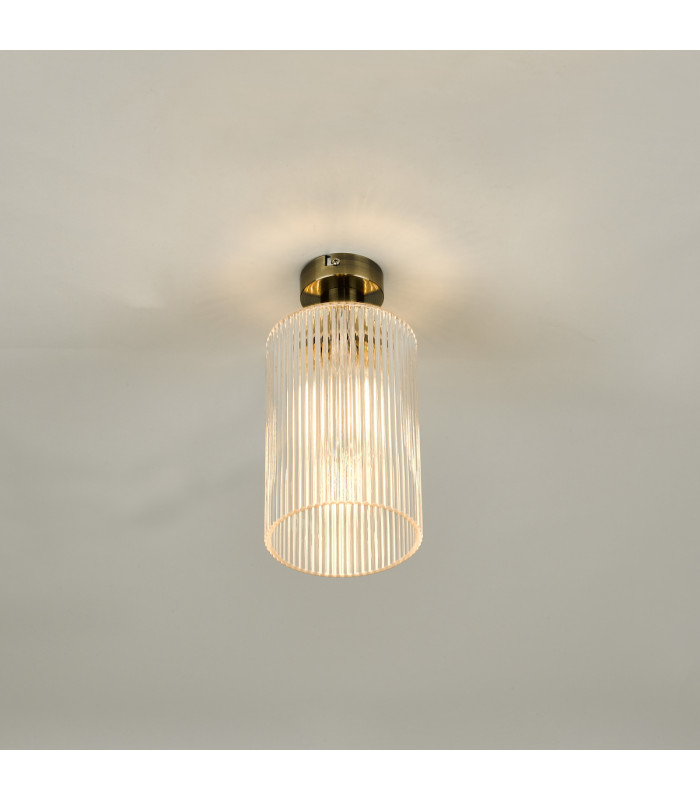 Emerson Semi Flush Ceiling Light Antique Brass Cylinder Ribbed Glass-3