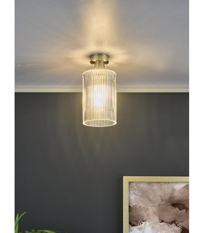 Emerson Semi Flush Ceiling Light Antique Brass Cylinder Ribbed Glass-5
