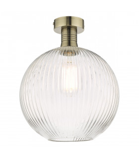 Emerson Semi Flush Ceiling Light Antique Brass Round Ribbed Glass-1