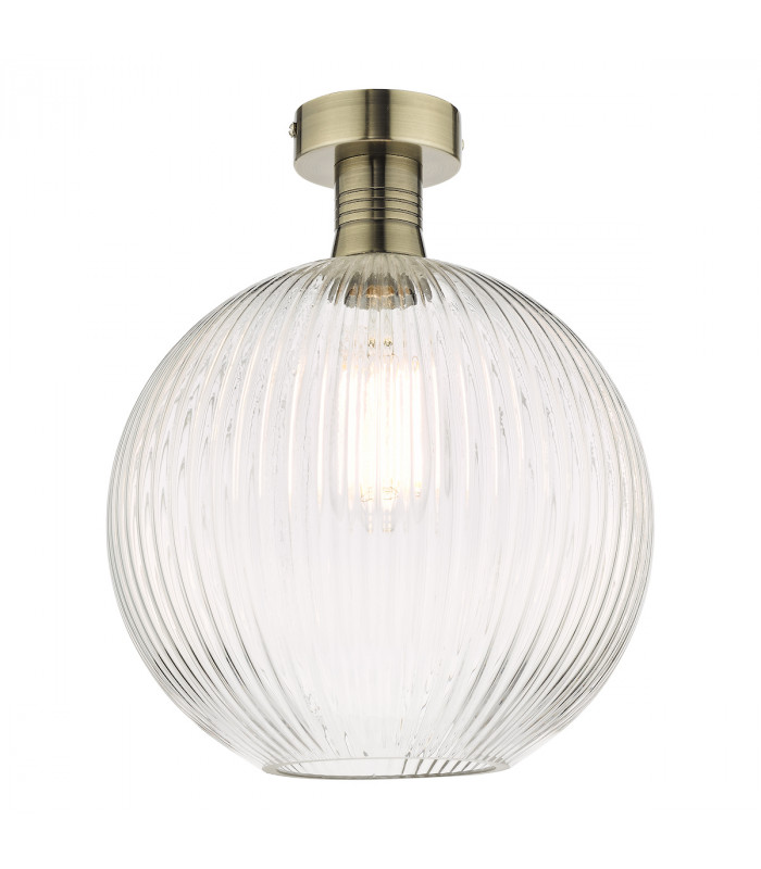 Emerson Semi Flush Ceiling Light Antique Brass Round Ribbed Glass-1
