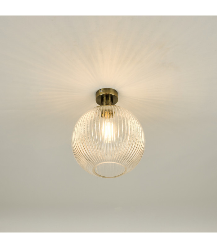 Emerson Semi Flush Ceiling Light Antique Brass Round Ribbed Glass-3