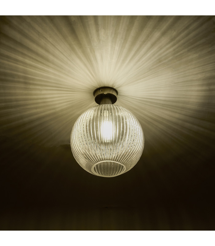 Emerson Semi Flush Ceiling Light Antique Brass Round Ribbed Glass-4