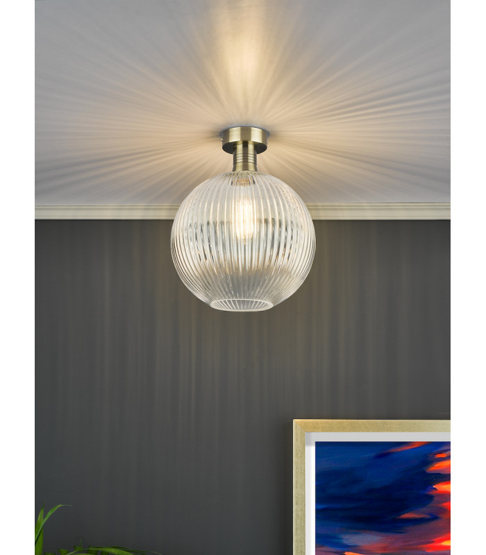 Emerson Semi Flush Ceiling Light Antique Brass Round Ribbed Glass-5