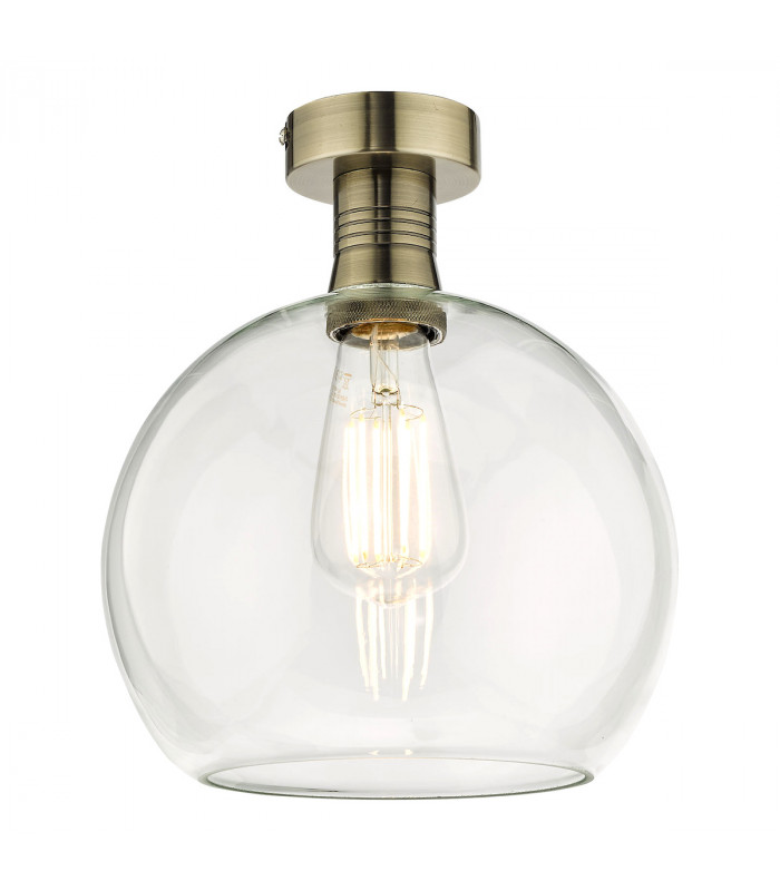 Emerson Semi Flush Ceiling Light Antique Brass Round Clear Glass-1
