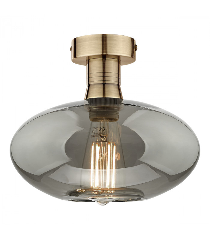 Emerson Semi Flush Ceiling Light Antique Brass Smoked Pumpkin Glass-1