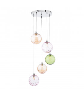 Federico 5 Light Cluster Pendant Ceiling Light Polished Chrome Mixed Coloured Dimpled 150mm Glass-1