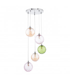 Federico 5 Light Cluster Pendant Ceiling Light Polished Chrome Mixed Coloured Dimpled 150mm Glass-2