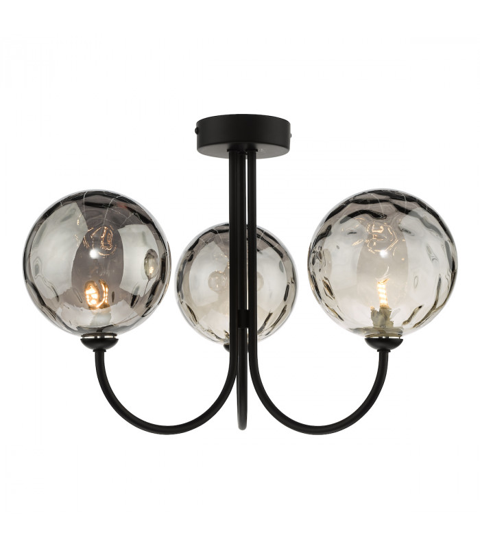 Jared 3 Light Semi Flush Ceiling Light Matt Black Smoked Dimpled 150mm Glass