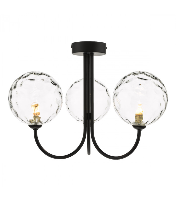 Jared 3 Light Semi Flush Ceiling Light Matt Black Clear Dimpled 150mm Glass