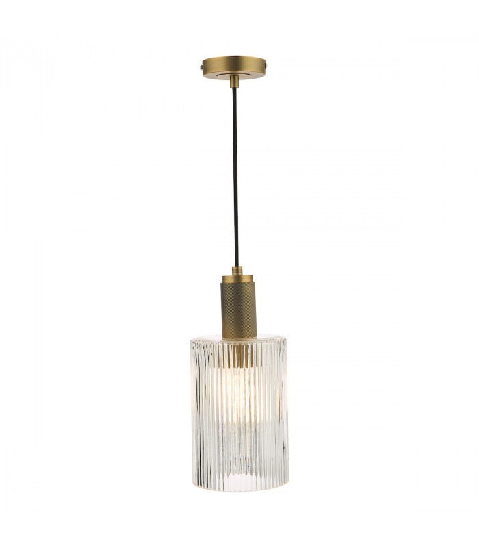 Nikolas Pendant Ceiling Light Natural Solid Brass Ribbed Cylinder Glass-1