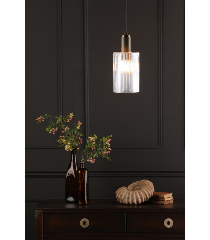 Nikolas Pendant Ceiling Light Natural Solid Brass Ribbed Cylinder Glass-4