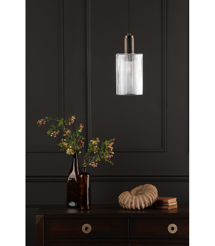Nikolas Pendant Ceiling Light Natural Solid Brass Ribbed Cylinder Glass-5