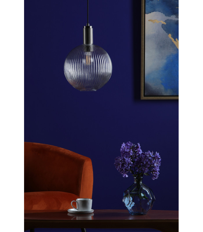 Nikolas Pendant Ceiling Light Antique Chrome Ribbed Round Glass-5