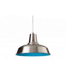 1 Light Dome Ceiling Pendant Brushed Steel, Blue Inside, E27 - 1
