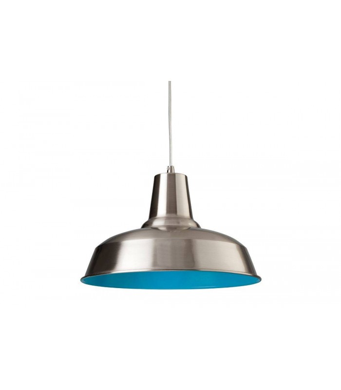 1 Light Dome Ceiling Pendant Brushed Steel, Blue Inside, E27 - 1