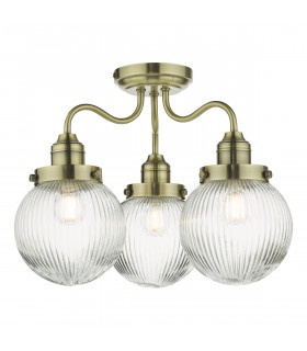 Tamara 3 Light Bathroom Semi Flush Ceiling Light Antique Brass Ribbed Glass IP44-1