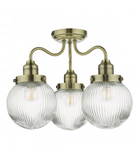 Tamara 3 Light Bathroom Semi Flush Ceiling Light Antique Brass Ribbed Glass IP44-2