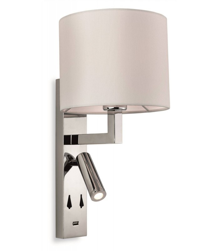1 Light Indoor Wall Light Light, USB Port Chrome, Cream Shade, E27 - 1