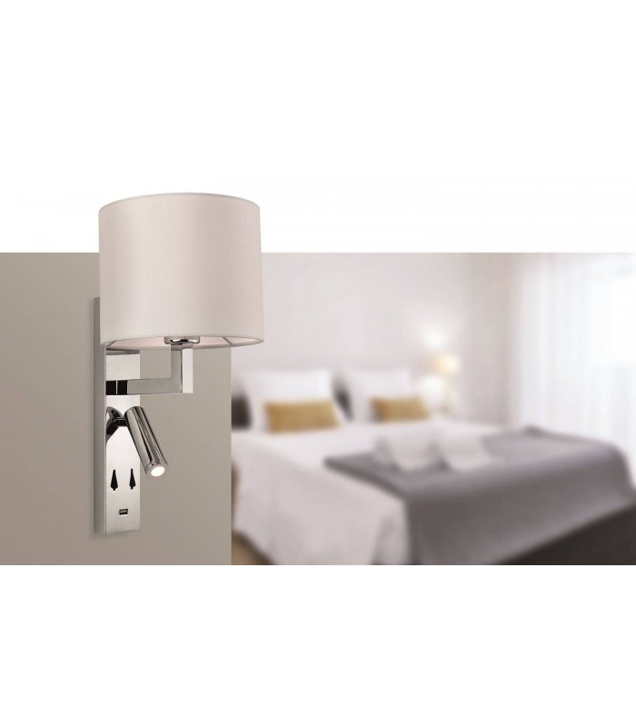 1 Light Indoor Wall Light Light, USB Port Chrome, Cream Shade, E27 - 2