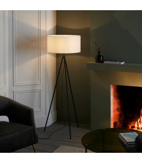 Tripod & Cylinder Base & Shade Floor Lamp Matt Black & Vintage White Fabric-2