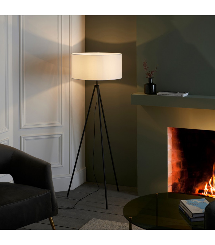 Tripod & Cylinder Base & Shade Floor Lamp Matt Black & Vintage White Fabric-2