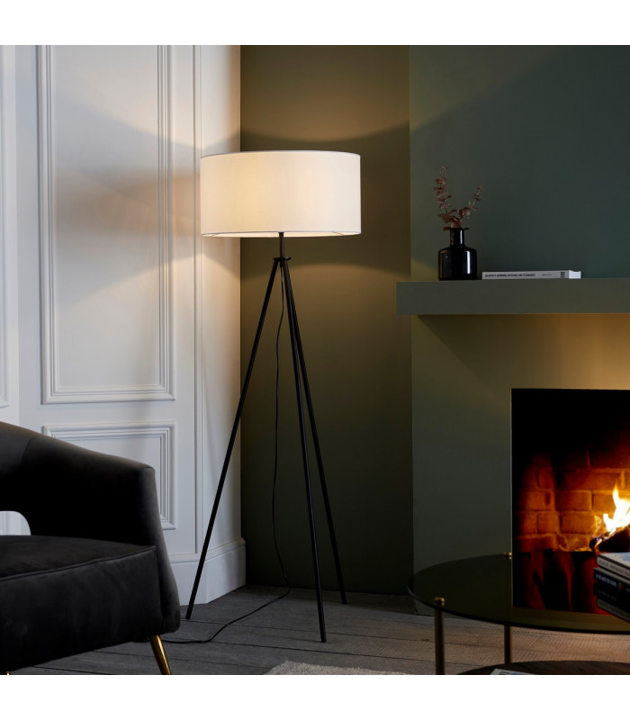 Tripod & Cylinder Base & Shade Floor Lamp Matt Black & Vintage White Fabric-3