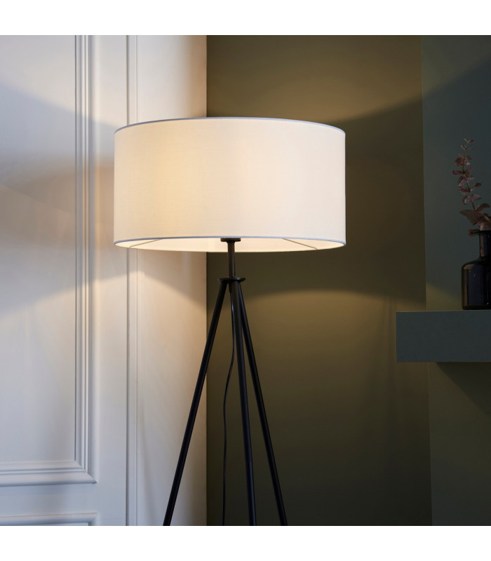 Tripod & Cylinder Base & Shade Floor Lamp Matt Black & Vintage White Fabric-4