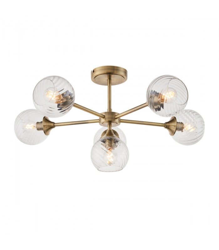 Allegra 6 Light Multi Arm Glass Shade Semi Flush Ceiling Lamp Antique Brass-1