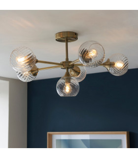 Allegra 6 Light Multi Arm Glass Shade Semi Flush Ceiling Lamp Antique Brass-2