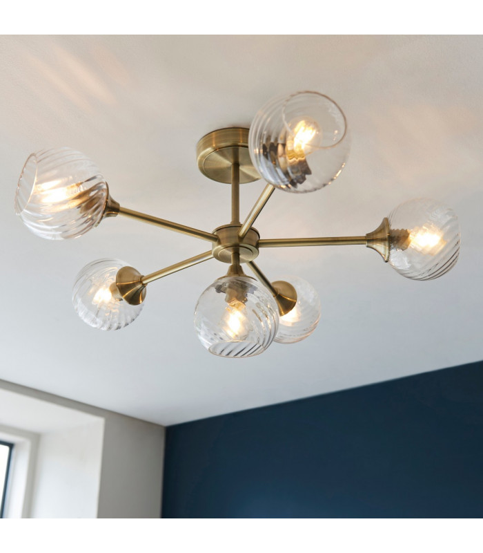 Allegra 6 Light Multi Arm Glass Shade Semi Flush Ceiling Lamp Antique Brass-4