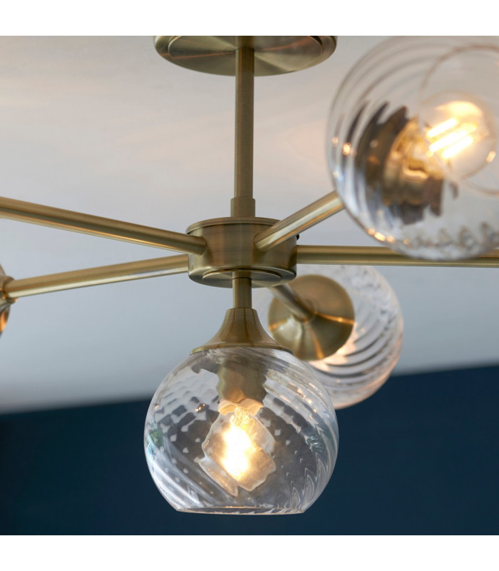 Allegra 6 Light Multi Arm Glass Shade Semi Flush Ceiling Lamp Antique Brass-5