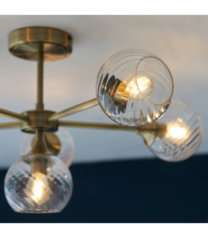 Allegra 6 Light Multi Arm Glass Shade Semi Flush Ceiling Lamp Antique Brass-6