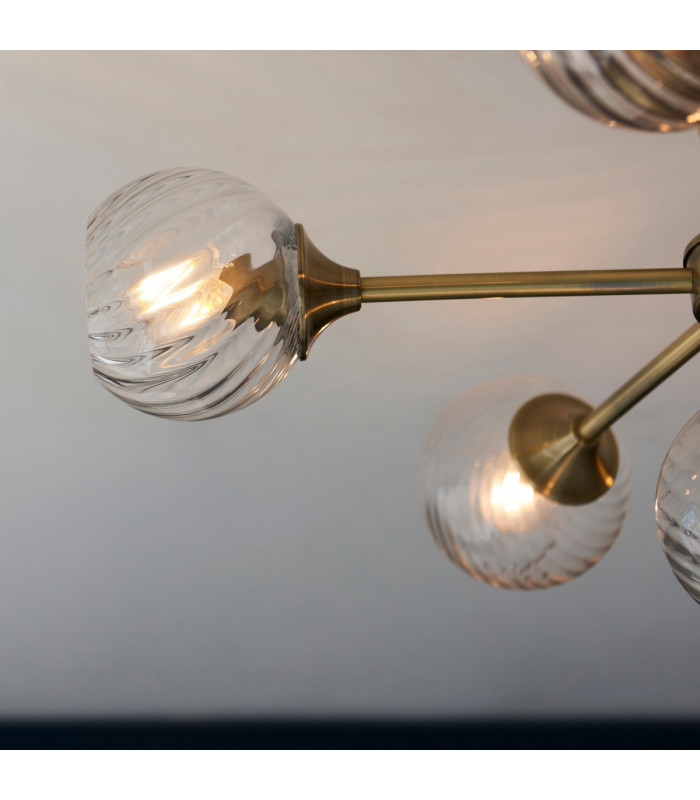 Allegra 6 Light Multi Arm Glass Shade Semi Flush Ceiling Lamp Antique Brass-7