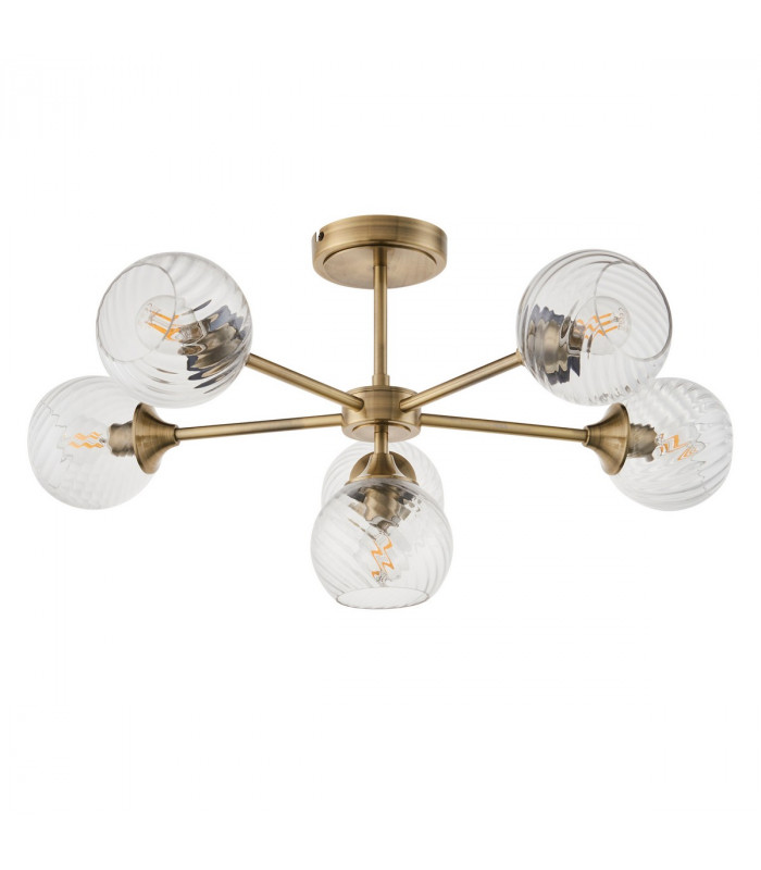 Allegra 6 Light Multi Arm Glass Shade Semi Flush Ceiling Lamp Antique Brass-8