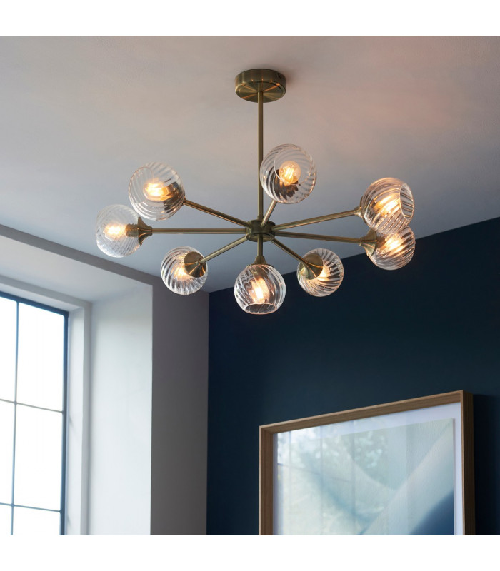 Allegra 8 Light Multi Arm Glass Shade Ceiling Pendant Antique Brass-3