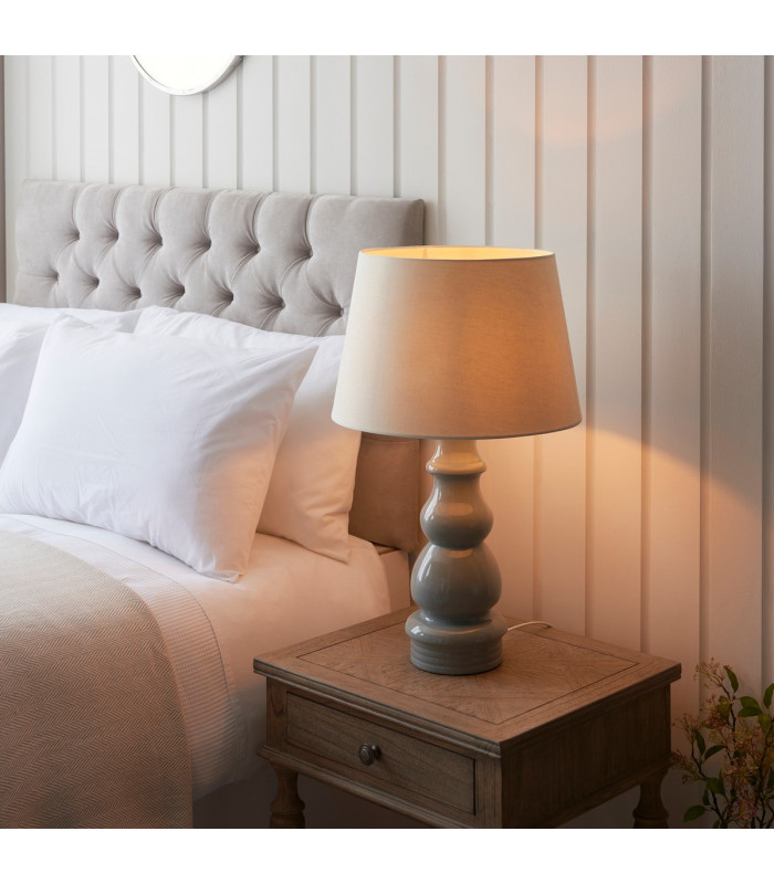 Provence & Cici Base & Shade Table Lamp Blue Grey Glaze Satin Nickel Plate & Ivory Linen Fabric-3