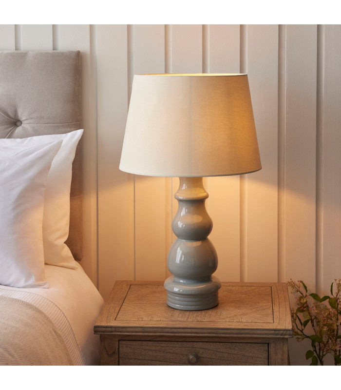 Provence & Cici Base & Shade Table Lamp Blue Grey Glaze Satin Nickel Plate & Ivory Linen Fabric-4
