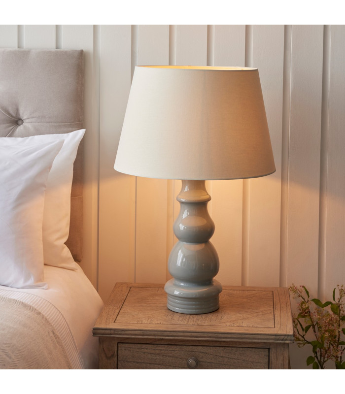 Provence & Cici Base & Shade Tall Table Lamp Blue Grey Glaze Satin Nickel Plate & Ivory Linen Fabric-4